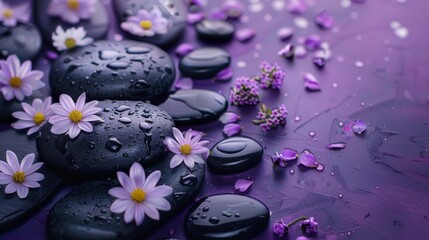 Obraz na płótnie Canvas Top view Flat-lay composition with black spa stones massage treatment and flowers isolated purple background space for text, Elegant and luxury spa. mock up, template. Health and beauty care concept