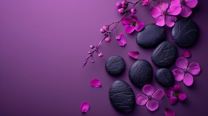 Top view Flat-lay composition with black spa stones massage treatment and flowers isolated purple background space for text, Elegant and luxury spa. mock up, template. Health and beauty care concept