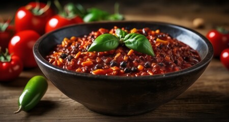  A hearty bowl of chili with a garnish of fresh basil and a hint of spice from a green chili - Powered by Adobe