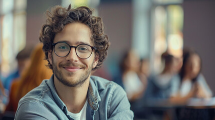 Fototapeta premium A young teacher using interactive digital tools to make learning more dynamic and accessible, kind handsome teacher, blurred background, with copy space