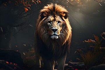 Fototapeta premium Vast and mysterious nature and one lion Generative Ai