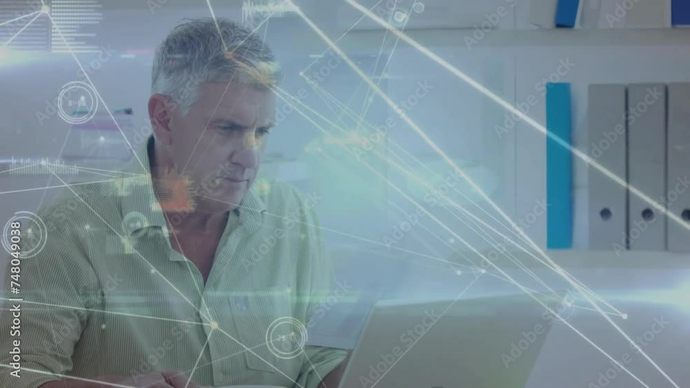 Poster animation of network and data processing over senior caucasian man using laptop at casual office