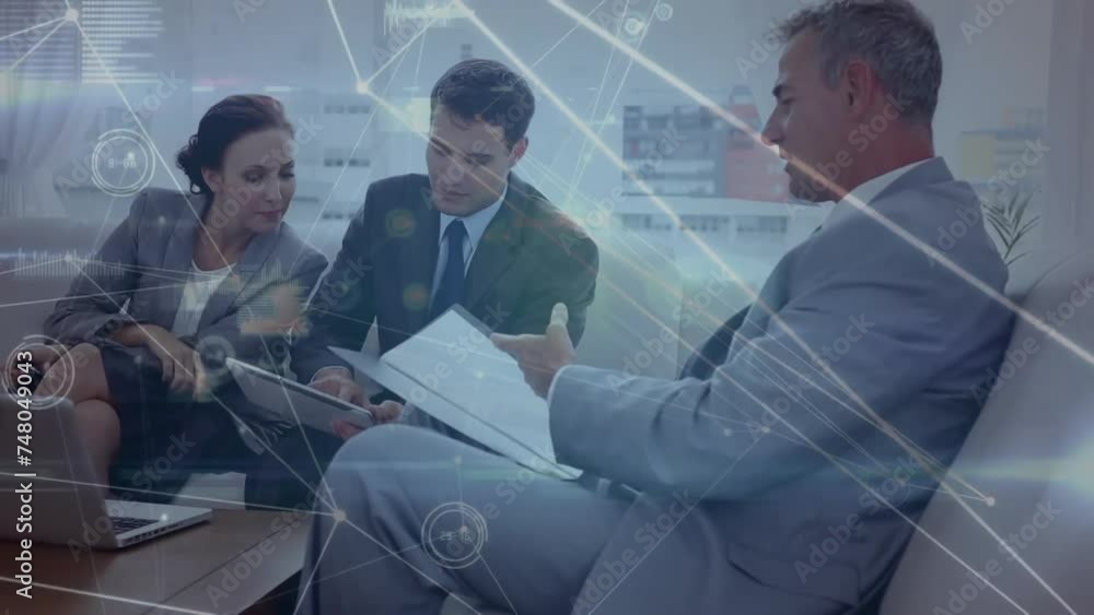 Aufkleber animation of network and data processing over caucasian male and female colleagues using tablet