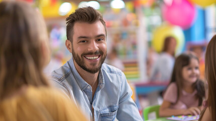 A teacher at a school fair, manning a booth with interactive educational games, engaging with students and parents alike, kind handsome teacher, blurred background, with copy space