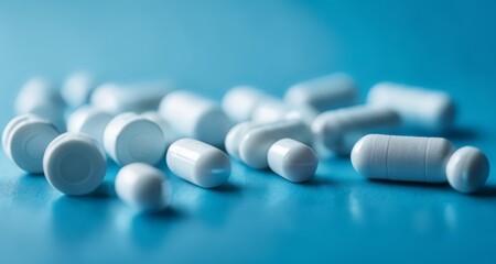  A collection of white capsules on a blue background