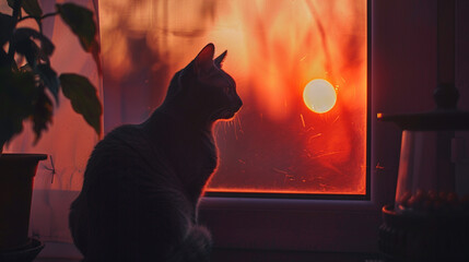cat sitting near the window at sunset