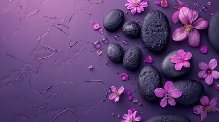 Naklejka premium Top view Flat-lay composition with black spa stones massage treatment and flowers isolated purple background space for text, Elegant and luxury spa. mock up, template. Health and beauty care concept