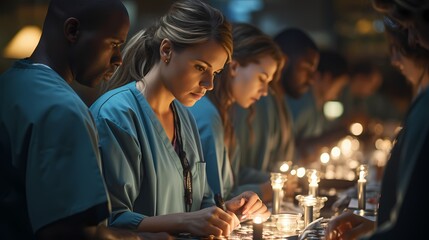 A visually striking image of a diverse group of medical doctors in a hospital setting, engaged in a team discussion, symbolizing collaboration and multidisciplinary care. - obrazy, fototapety, plakaty