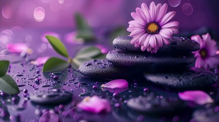 Obraz na płótnie Canvas Top view Flat-lay composition with black spa stones massage treatment and flowers isolated purple background space for text, Elegant and luxury spa. mock up, template. Health and beauty care concept