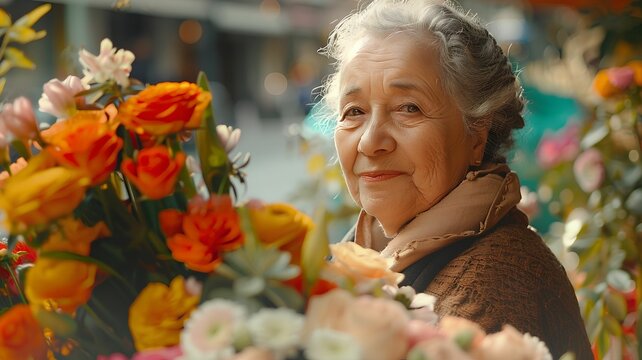 front view, a portrait of a senior woman with a bouquet of flowers. Street background. For mother's, woman's, and Grandma's day. Lifestyle image. Celebration concept. With copy space for text