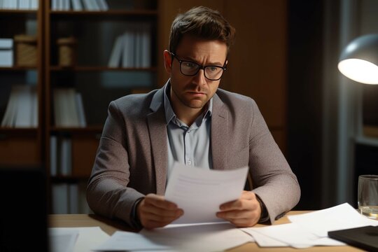 A worried young man businessman, accountant reviews documents, business agreements