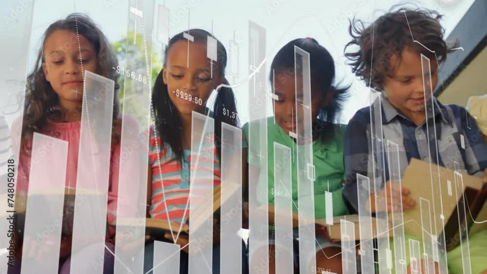 Poster animation of data processing on graph over diverse schoolchildren reading in class
