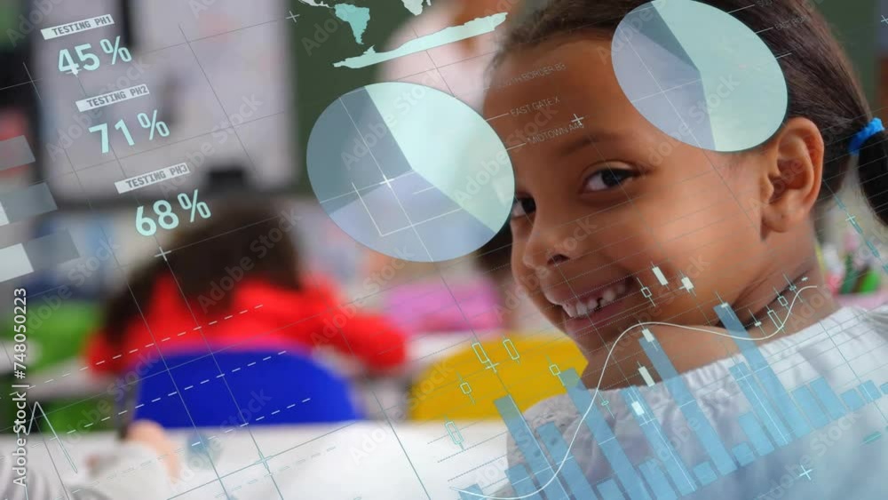 Poster animation of charts and data processing over happy biracial girl in elementary school class