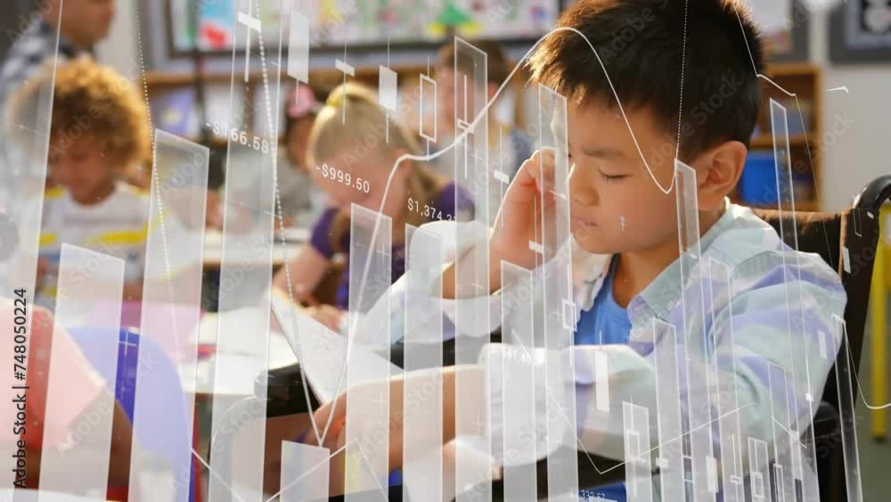 Wall mural Animation of graphs processing data over asian schoolboy reading in class