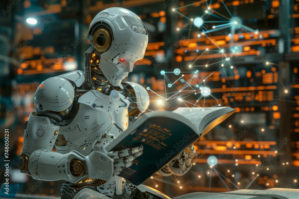 Poster a 3d illustration depicting a humanoid robot engaged in reading a book and solving math problems, sy
