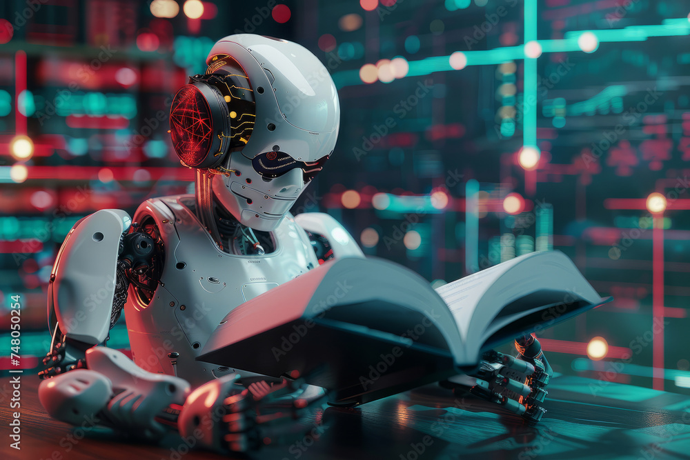 Poster a 3d illustration depicting a humanoid robot engaged in reading a book and solving math problems, sy