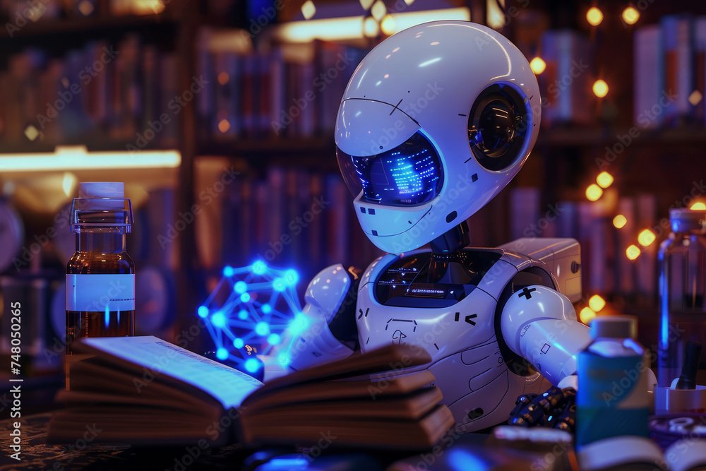 Poster a 3d illustration depicting a humanoid robot engaged in reading a book and solving math problems, sy