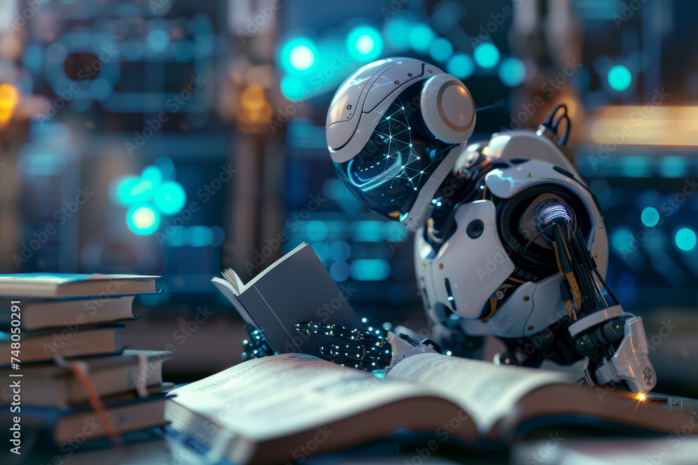 Poster a 3d illustration depicting a humanoid robot engaged in reading a book and solving math problems, sy