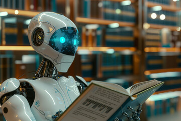 Fototapeta premium A 3D illustration depicting a humanoid robot engaged in reading a book and solving math problems, symbolizing the concept of future mathematics, artificial intelligence, data mining.