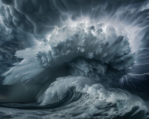 An intense typhoon captured in its majestic fury, with dark clouds swirling over a turbulent ocean, lightning striking in the distance - obrazy, fototapety, plakaty