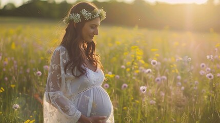 Outdoor maternity photoshoot capturing the beauty of an expectant mother. - obrazy, fototapety, plakaty