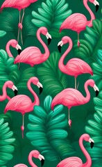 seamless pattern with graceful delicate pink flamingos in emerald rich lush exotic foliage. Graphic design surface pattern. Textile design, wallpaper, Generative AI