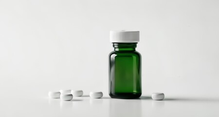  A bottle of vitamins with capsules on a white surface