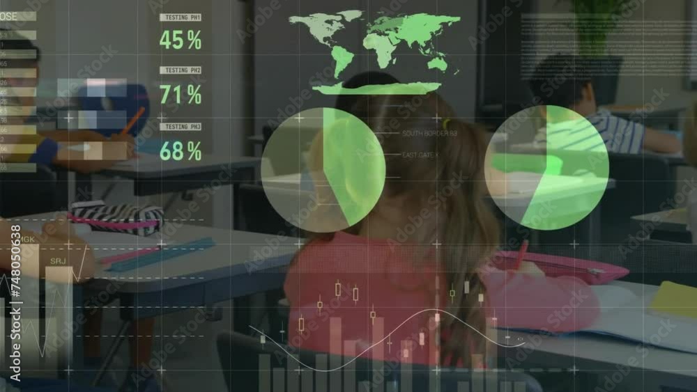 Poster animation of data processing on charts over diverse children in elementary school class