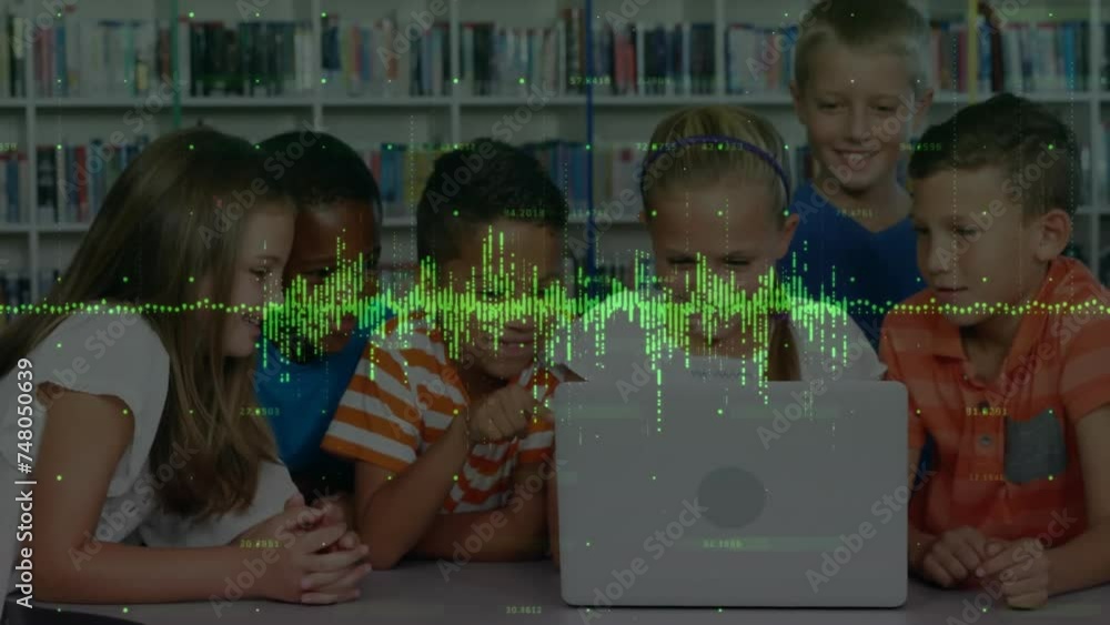 Poster animation of data processing on graph over diverse elementary schoolchildren using laptop