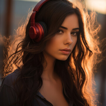 beautiful girl teenager listen to music mp3 with her smartphone and headphone during golden hour and orange sunset