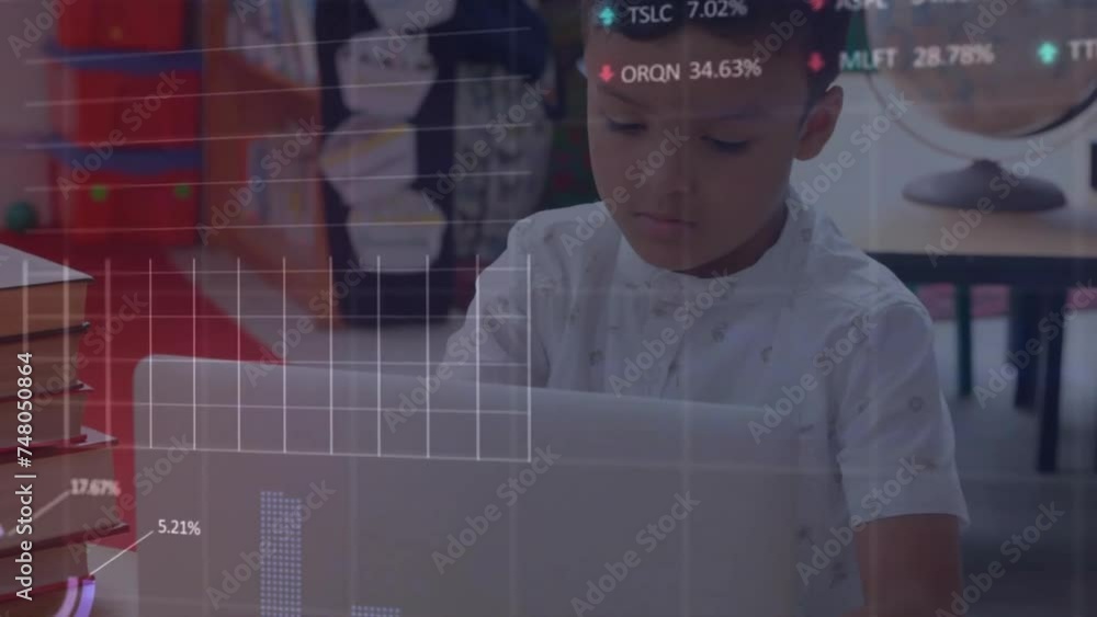 Poster animation of data processing on graph over biracial schoolboy using laptop in class