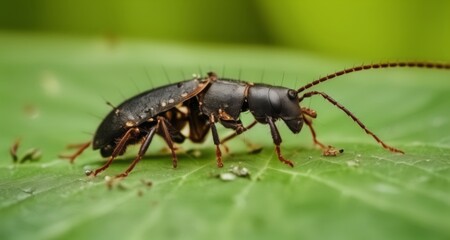 Naklejka premium A close-up of a vibrant insect on a leafy green background