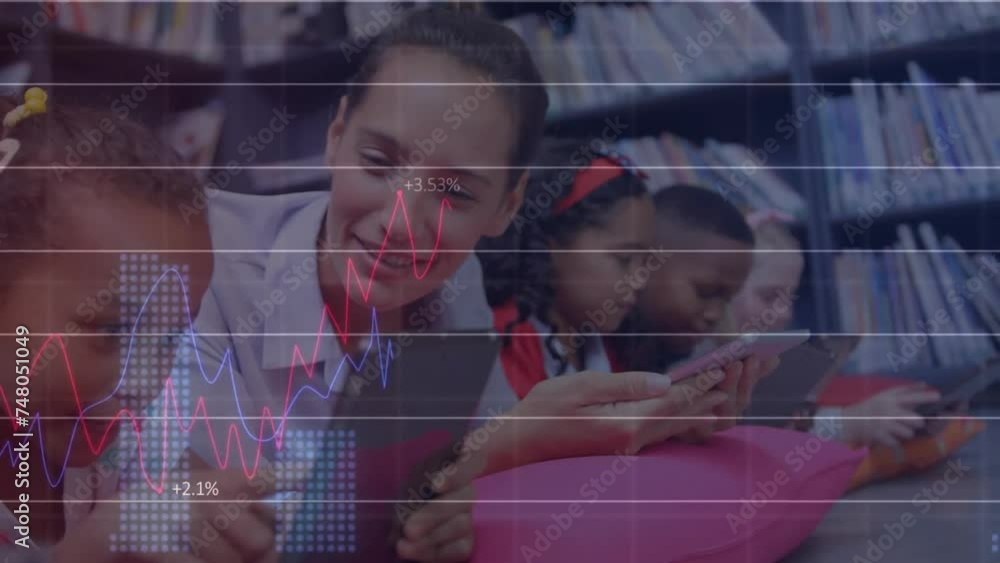 Poster animation of data processing over diverse female teacher and children using tablets in class