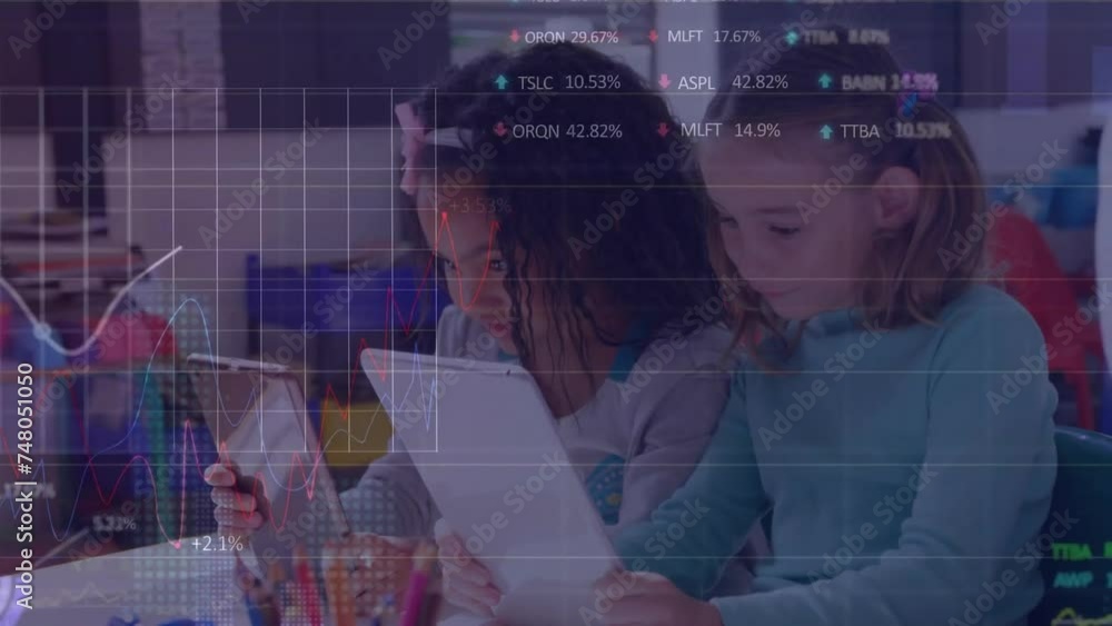 Sticker Animation of data processing over diverse schoolgirls using tablets in classroom