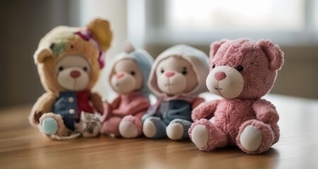  A charming quartet of teddy bears on a wooden table