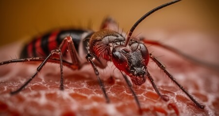 Fototapeta premium Close-up of a vibrant red and black insect on a textured surface