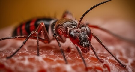  Close-up of a vibrant red and black insect on a textured surface