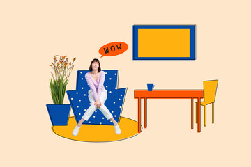 Collage creative picture image illustration excited happy smile young woman wow sit armchair...