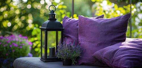 a black lantern and two purple pillows sit in front of them - Powered by Adobe