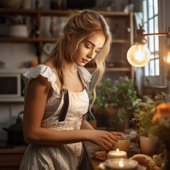 female standing behind counter with raw cotton flowers in floral shop.