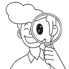 man looks through a magnifying glass. Big eye. Vector graphic, monochrome, outline, cartoon