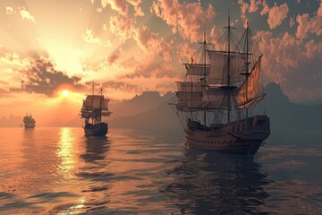 Ancient maritime explorers discovering new lands, twilight oceans