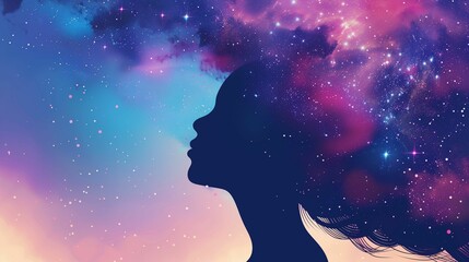 Silhouette of a woman against the backdrop of the stellar universe - obrazy, fototapety, plakaty