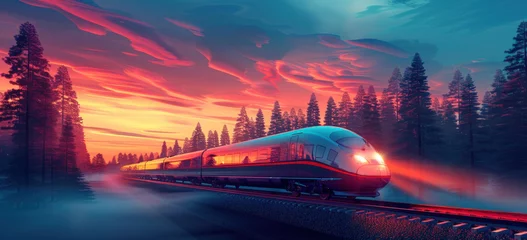 Fotobehang a luxury fast train traveling through a forest with a cloudy sky © yganko