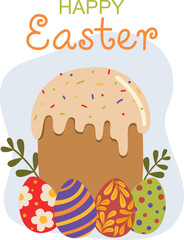 Illustration of a easter cake and colored eggs. Vector happy Easter concept for card, poster or banner in flat style	