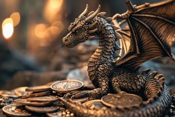 Dragons in finance, guarding gold reserves, bright vaults - obrazy, fototapety, plakaty