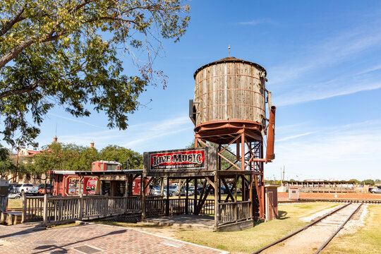 watertank and rails at the old train station at the stockyards in Fort Worth, USA,