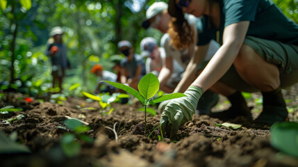 Fototapeta premium young people plant new trees