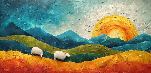a painting consists of sheep on a field