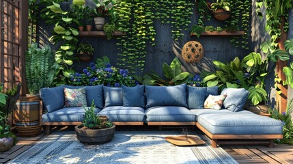 a sectional sofa with blue cushioned cushions, planters, and a wall with plants